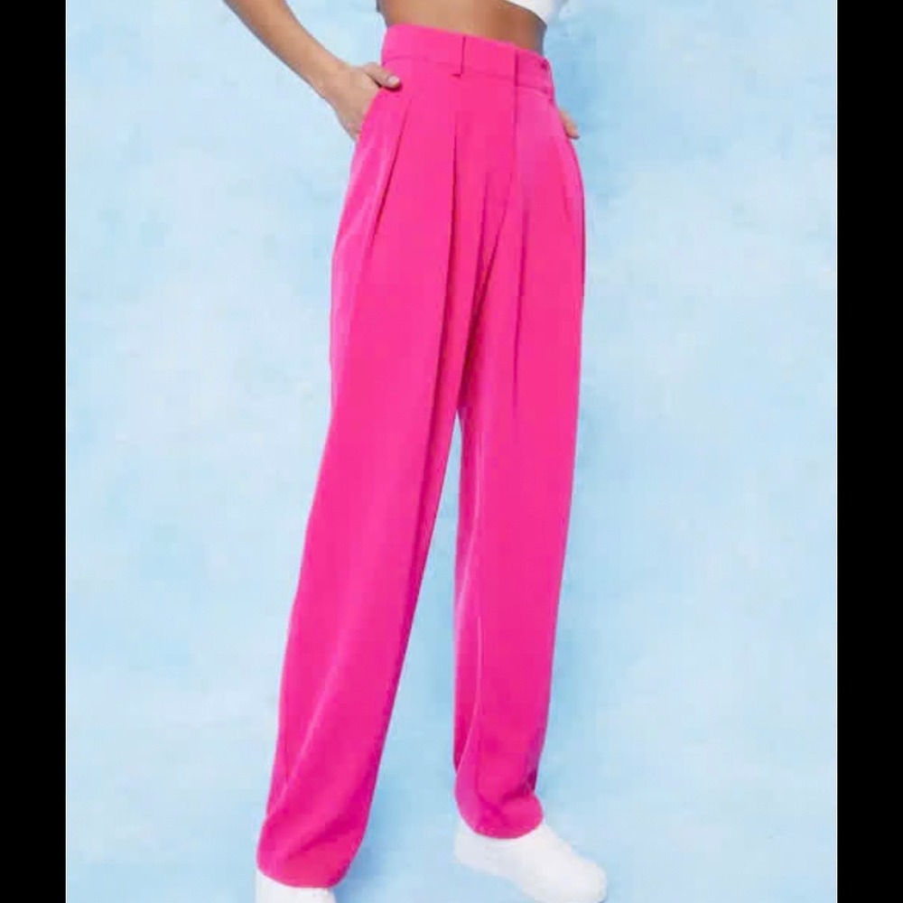 Nasty Gal Collection Hot Pink High Waisted Pleated Straight Leg Trousers Size 6